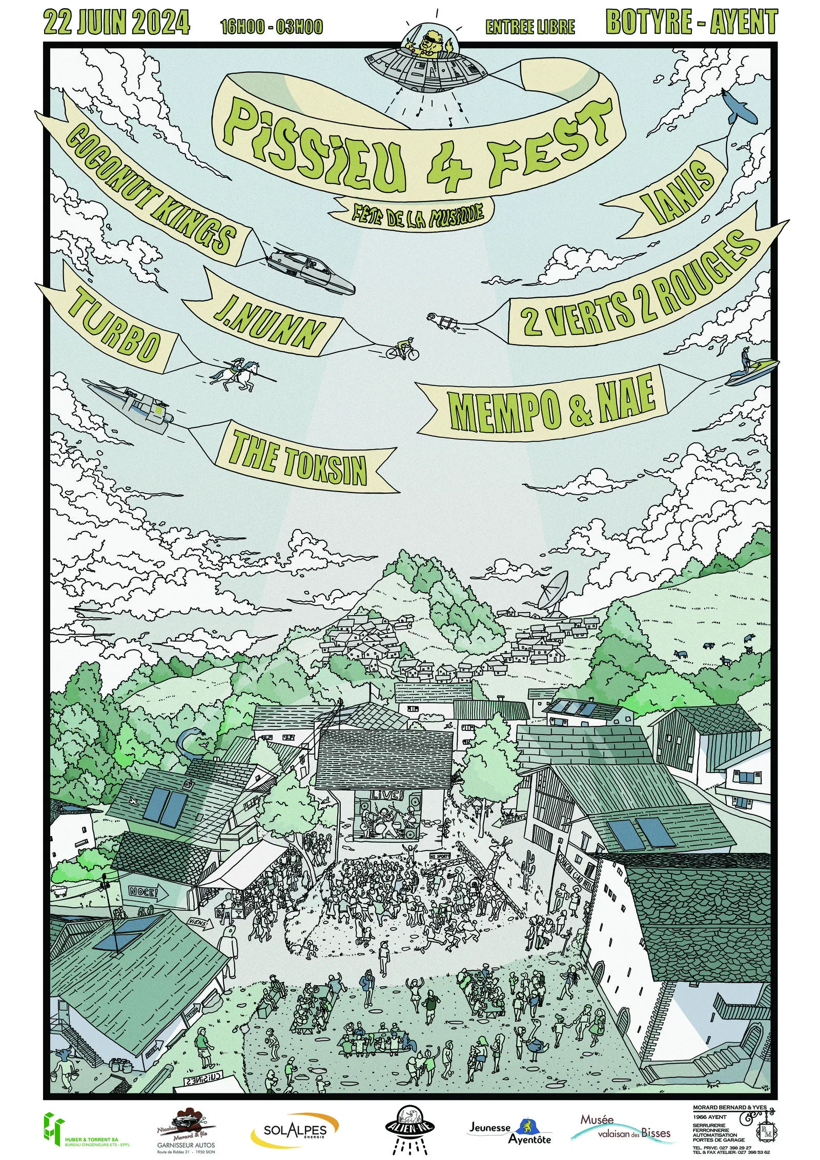 Affiche Pissieu 4 Fest 2024 — 22 juin, Botyre (Ayent). Illustration du quartier du Pissieu avec OVNI et ballons.