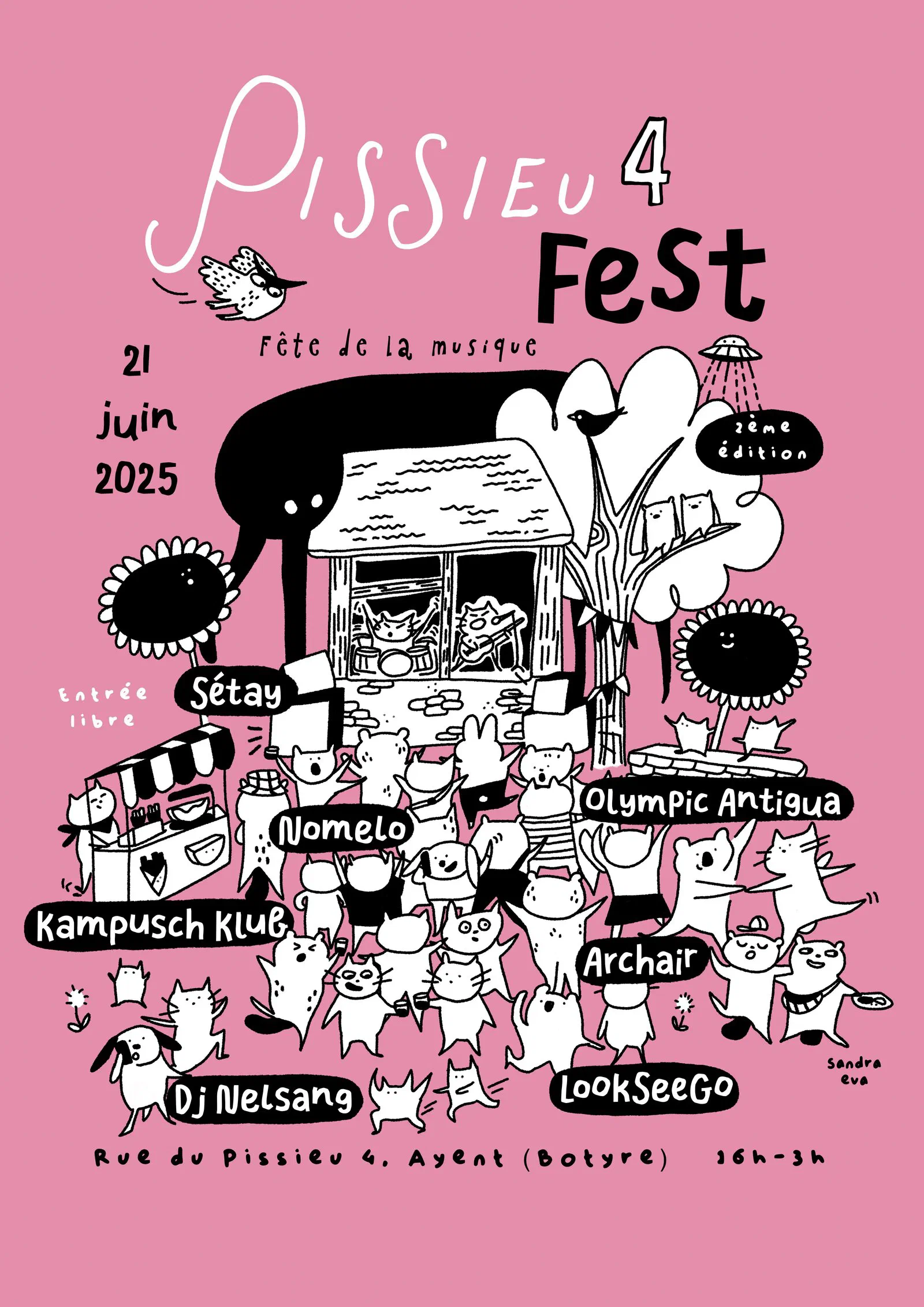 Affiche Pissieu 4 Fest 2025 — 21 juin, quartier du Pissieu à Botyre (Ayent). Illustration de chats par Sandra Eva.